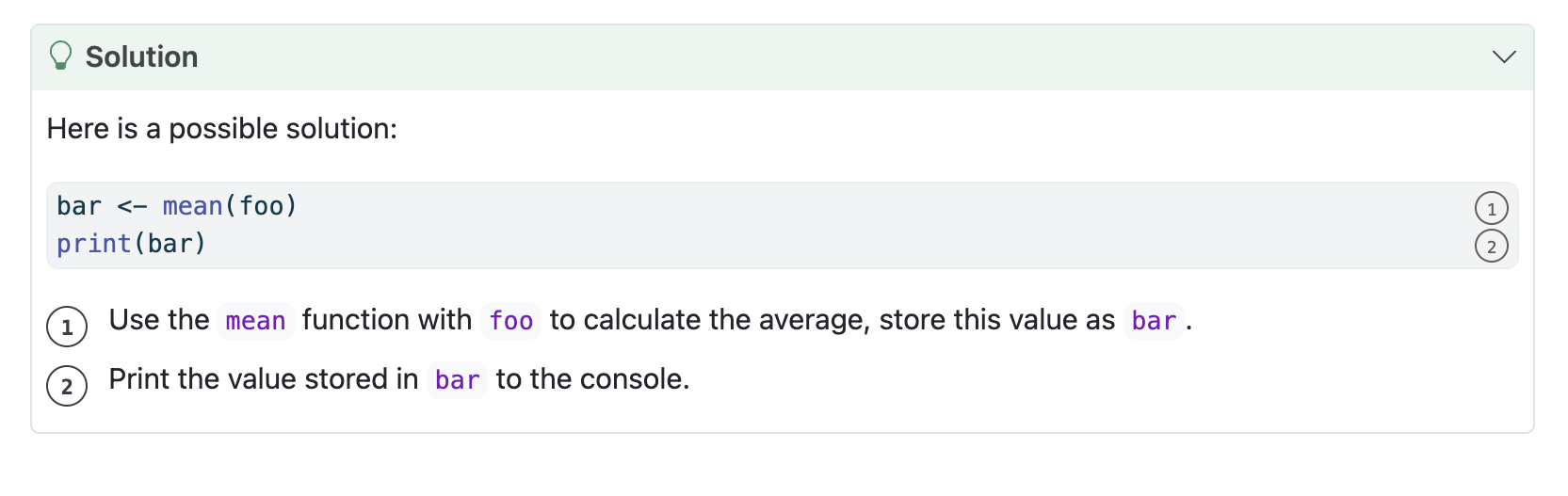 Screenshot showing the result of adding the solution block above. The solution has been revealed, demonstrating the callout block and code annotation features.