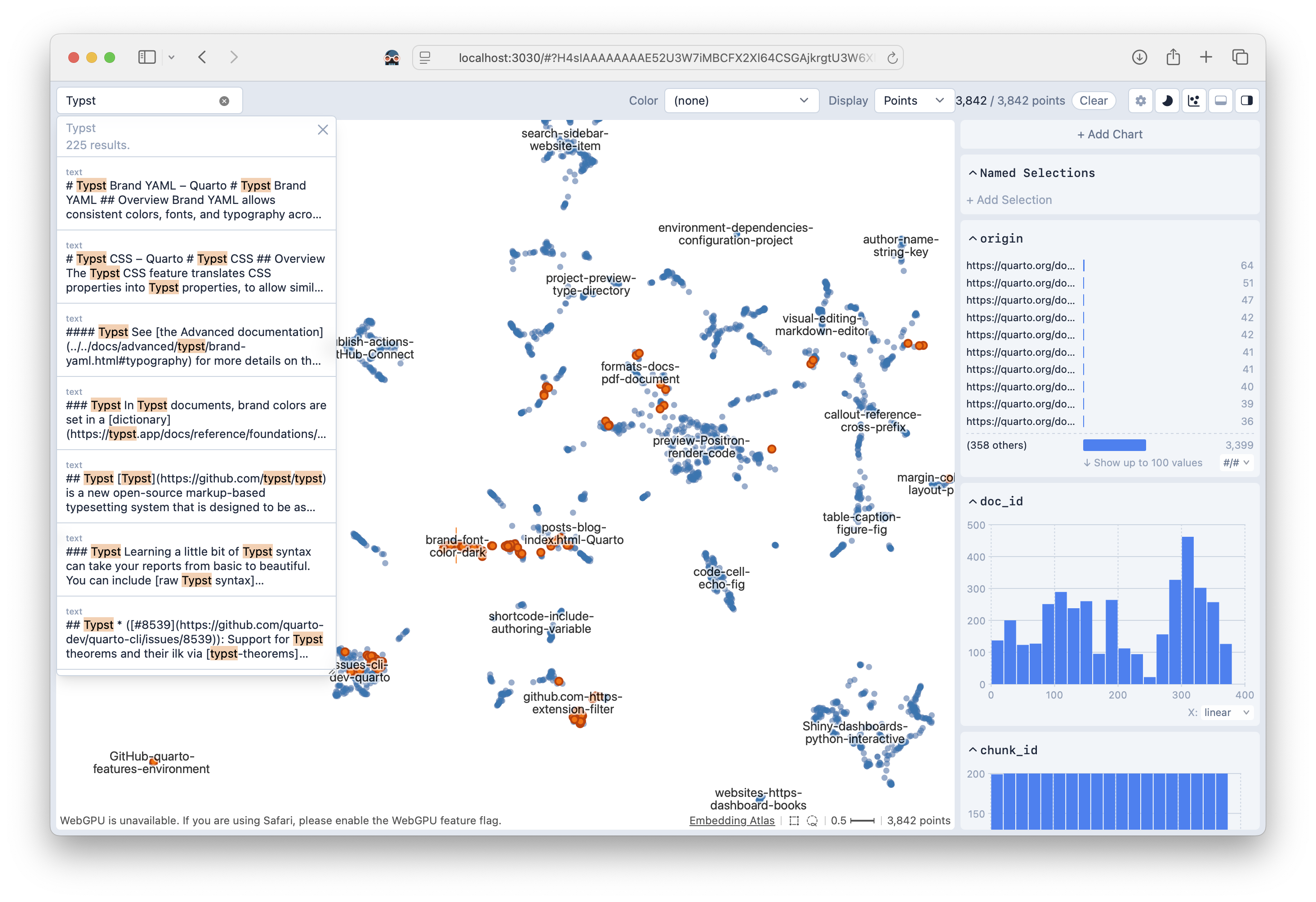 An embedding atlas view of a ragnar store, with query highlighting and metadata filters.